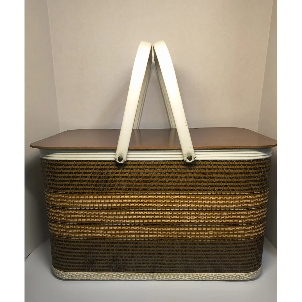 Vintage Redmon Picnic Basket Brown Stripe Dual Metal Handles Hinged Lid